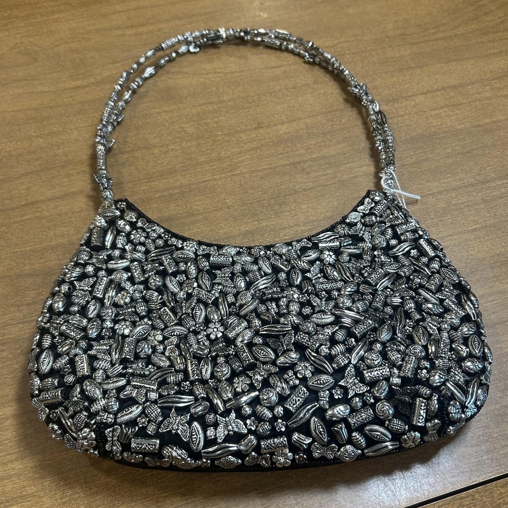 Beaded Hobo Bag Womens Small Silver Satin Metal Evening Shoulder Party Purse